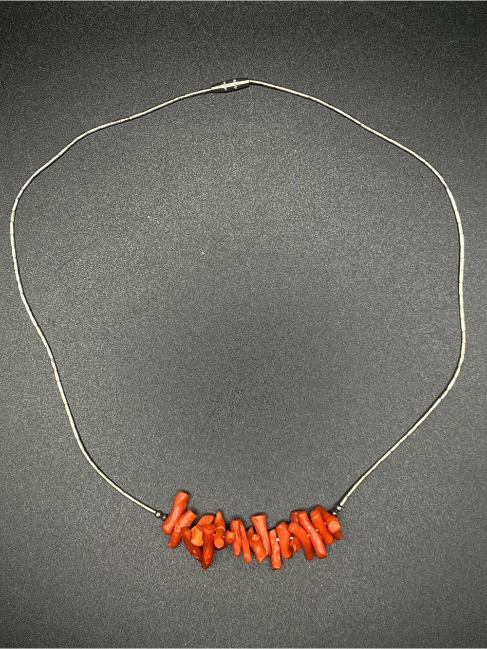 Native American Liquid Silver Necklace with Red Coral Branch Beads 14”